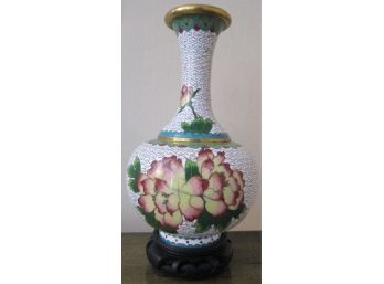 Vintage Asian WHITE Enamel 8' Vase, MAGNOLIA Flower, Brass Metal With Wood Base