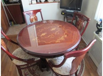Round TABLE & 4 Matching CHAIRS, INLAID Top, Glass Pad, Quality Upholstery