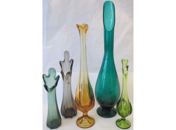 SET Of 5! Vintage MID CENTURY Glass VASES, Fluted Shape, Bright Color
