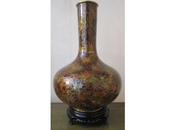 Vintage Asian Brown Enamel 8' Vase, FLOWER BLOOMS, Brass Metal With Wood Base