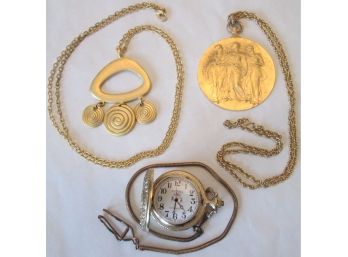 SET Of 3! Vintage Costume PENDANT NECKLACES & WATCH, Gold Tone With Chains