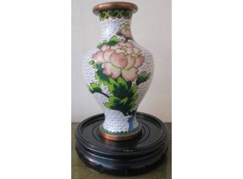 Vintage Asian WHITE Enamel 8' Vase, PEONY Flower, Brass Metal With Oversized Wood Base