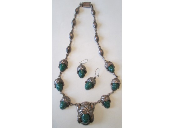 3pc SET, Vintage GREEN STONE NECKLACE & PIERCED EARRINGS, Sterling .925 Silver, Made In MEXICO