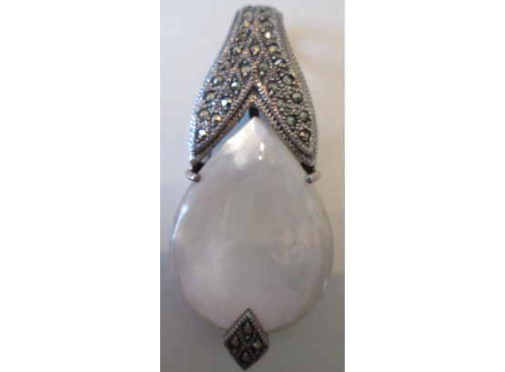 Vintage TEARDROP PENDANT, Mother Of Pearl Insert, STERLING .925 SILVER Setting, Marcasite Stones