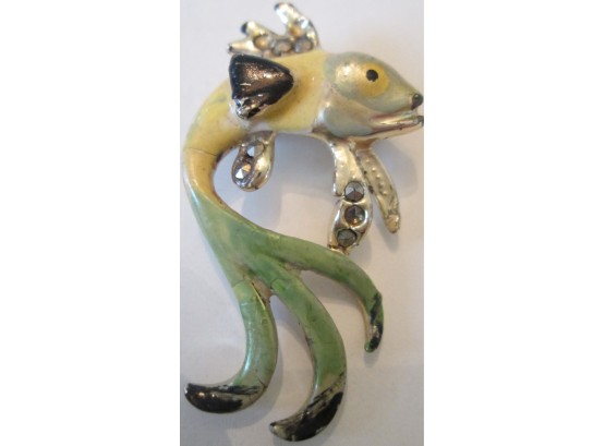 Vintage FANCY FISH BROOCH PIN, Inset RHINESTONS, Hand Painted Details, Base Metal Finish
