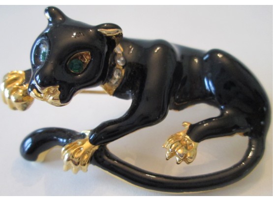 Vintage PANTHER KITTY CAT BROOCH PIN, Black With Gold Tone Finish, GREEN Rhinestone Eyes