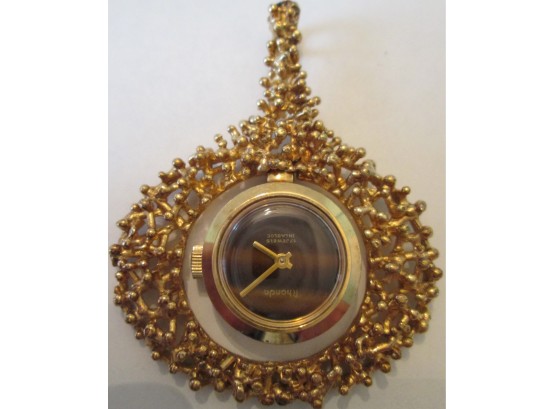 Signed RHONDA, Vintage WATCH PENDANT, Gold Tone Setting, Mid Century Modern, Sold As-is