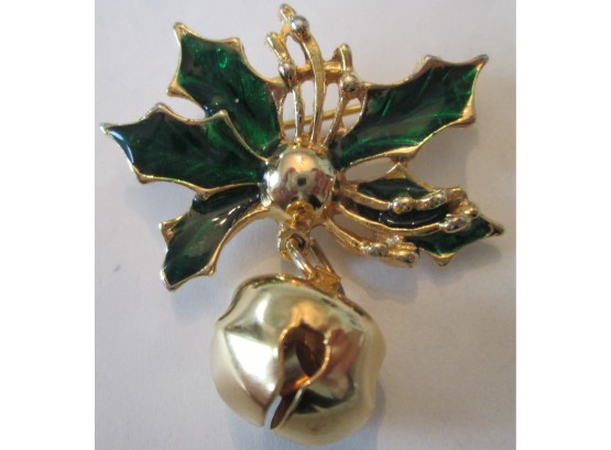Vintage JINGLE BELL BROOCH PIN, Bright Metal Setting, HOLLY Leaves