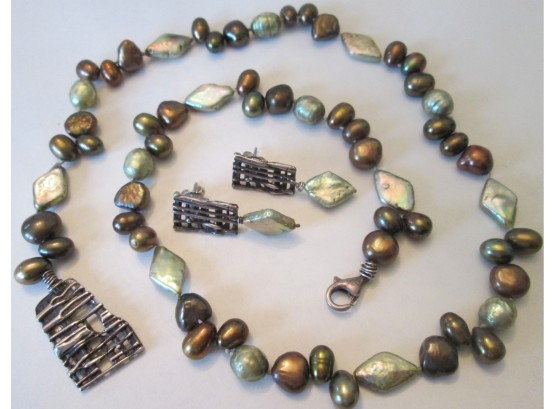 3pc SET, Vintage NATURAL MOTHER Of PEARL NECKLACE, Natural Tones, STERLING .925 SILVER Clasp, MCM
