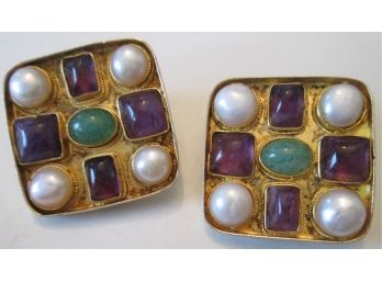 Signed MMA, Vintage Matched Pair CLIP EARRINGS, STERLING .925 SILVER, CABOCHON & Faux PEARLS