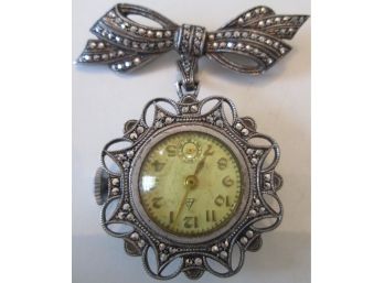 Signed 'AR,' Vintage WATCH BROOCH PIN, STERLING .925 SILVER Setting, MARCASITE Stones, Sold As-is