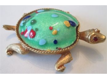 Vintage TURTLE BROOCH PIN, Hand Decorated Shell, Gold Tone Base Metal