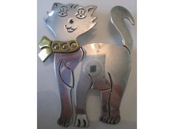 Signed LATON Vintage KITTY CAT BROOCH PIN, Sterling .925 Silver Finish, 'SHEILA' Made In MEXICO
