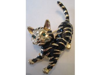 Vintage TIGER KITTY CAT BROOCH PIN, Black With Gold Tone Finish, GREEN Rhinestone Eyes