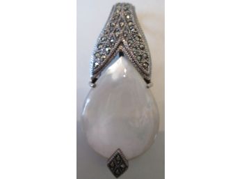 Vintage TEARDROP PENDANT, Mother Of Pearl Insert, STERLING .925 SILVER Setting, Marcasite Stones