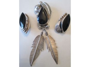 3pc SET, Vintage BLACK Stone BROOCH PIN & Clip EARRINGS, Sterling .925 Silver, Made In MEXICO
