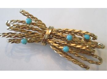 Vintage TWIGS BROOCH PIN, Turquoise Color Stones, Made In AUSTRIA, Gold Tone Finish