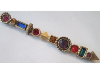 Signed PATRICIA LOCKE, Vintage BRUTALIST BROOCH PIN, Gold Tone Setting, Multicolor Faceted STONES