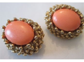 PAIR CLIP EARRINGS  Vintage Costume SIGNED ERWIN PERAL,Faux Coral & Gold Tone