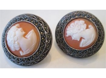 Signed 'JJ', Vintage Matched Pair PIERCED EARRINGS, STERLING .925 SILVER Cameo Design