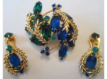 3pc SET, Vintage FACETED STONE BROOCH PIN & CLIP EARRINGS, Gold Tone Finish, REGENCY Style