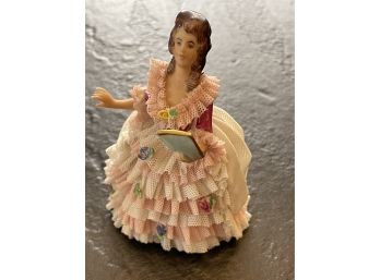 Antique Dresden Germany Signed Figurine-Lady At Opera-Lady In Pink