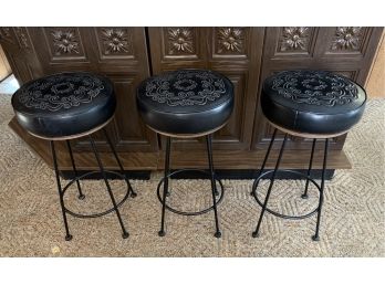 VINTAGE FAUX BLACK  LEATHER AND METAL  BAR STOOLS-Three Piece Collection