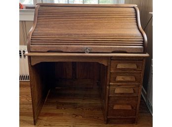 Antique, American Blonde Oak Office Roll Top Desk