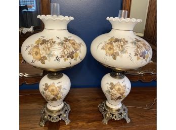 Vintage Pair Of Hand Painted Milk Glass Hurricane Lamps