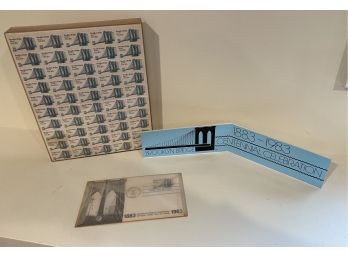 Vintage USPS Framed Brooklyn Bridge Stamps, First Day Cover & Bumper Sticker