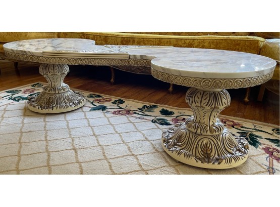 Vintage Double Pedestal Ornate Marble Top Coffee Table