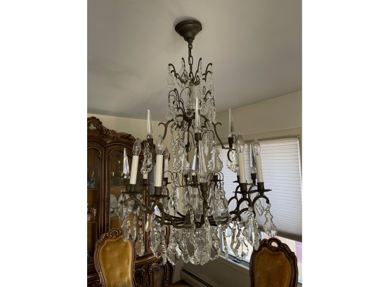 Vintage Antique Bronze And Crystal Chandelier W/ Waterford  Prisms