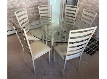 Vintage 1980's Round Metal And Glass Dining Table With 6 Chairs