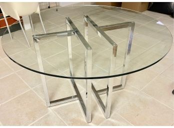 Contemporary Modern Chrome Base Center Or Dining Table With Circular Glass Top