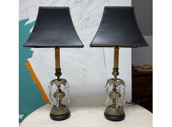 Vintage Antique Pair Of Brass And Crystal Table Lamps