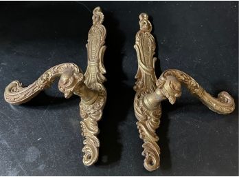 Vintage Pair Of French Style Ornate Gilt Brass Or Bronze Door Handles