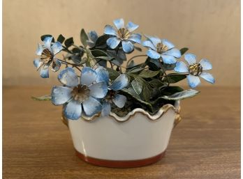 Vintage Miniature Porcelain Cachepot With Enameled Metal Flowers