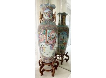 Spectacular Tall (48.5') Vase With Family Scene-Gold Trim-W/Wood Stand