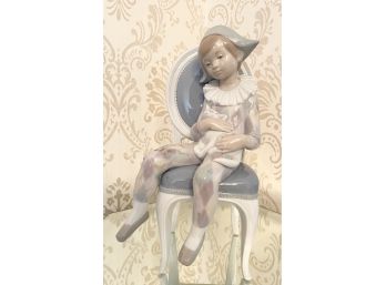Retired LLADRO  1229 Harlequin On Chair With Cat Figurine