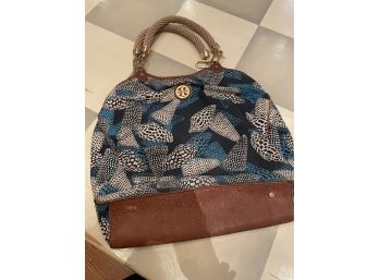 Authentic Tory Burch Blue Tones Sea Shell Design  & Leather Handbag