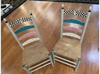 Matched Pair Mackenzie-Childs Style Hand Painted Ladder Back Chairs