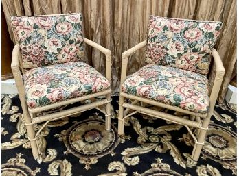 Vintage Bamboo Chairs -Floral Fabric Pattern-Matched Pair Of Armchsirs