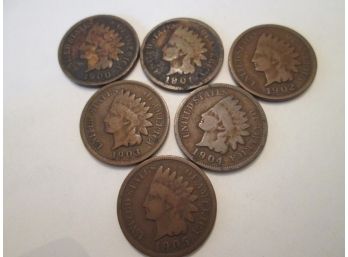 6 COIN LOT! 1900 - 1905 Authentic INDIAN HEAD CENT $.01 United States