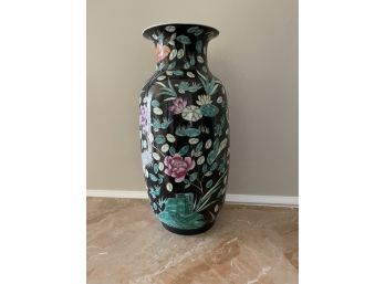 Vintage Tall Asian Style Vase With Marking-Black Tones With Pinks And Green!