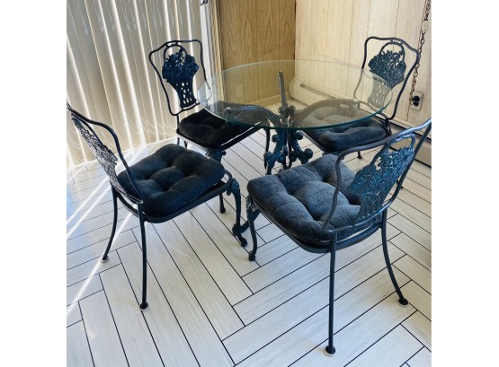 Vintage Black Iron   Outdoor Garden Circular Glass Top Table W/ Four Chairs