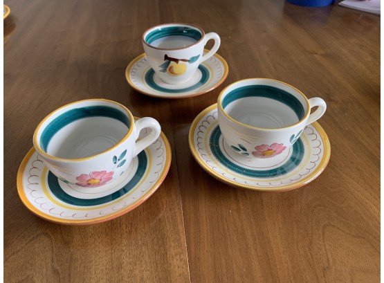 Vintage Stangl Pottery Hand   Painted Tea    Cups & Saucers -3 Sets