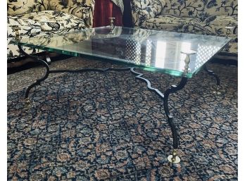 1960s Mid-Century Modern Designer Metal, Brass Finial & Glass Oversized Coffee Table