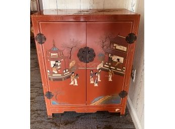 Vintage  Asian Chinese Red  Elaborate  Decorated Cabinet