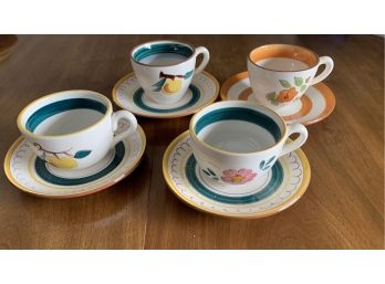 Vintage Sangl Pottery   Tea  Cup And Saucer Collection-Assorted Fruit Patterns-8 Pc. Collection