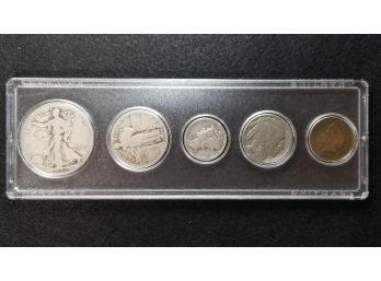 Coin Collection Set - 5 US Obsolete Coins - Walking Liberty, Standing Liberty, Mercury, Buffalo & Indian Head